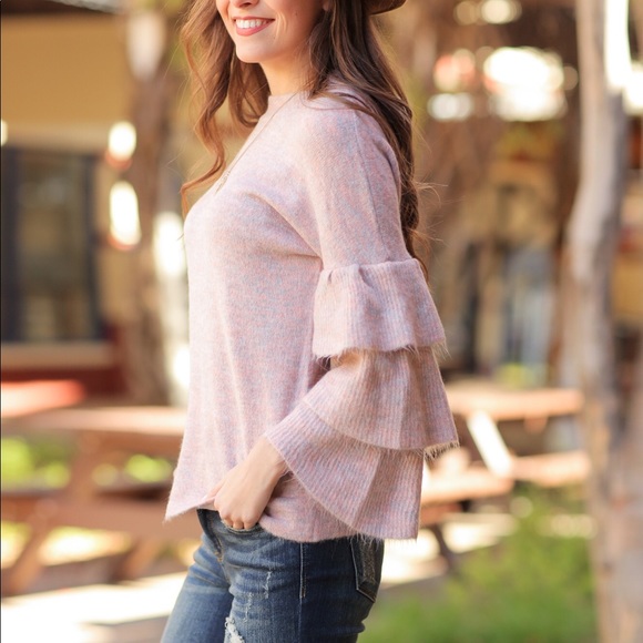 LAST 1✨Pink Tiered Bell Sleeve Soft Fuzzy Sweater - Picture 3 of 3